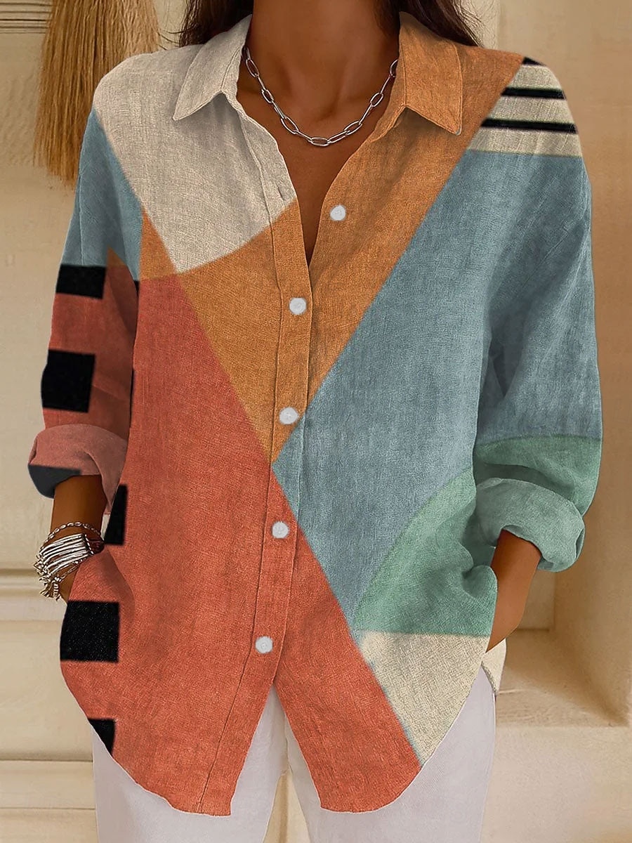  Dámská košile z lněného materiálu prodyšná lehká grafická geometrická abstraktní vintage tropická každodenní dlouhý rukáv límec běžné topy každodenní prázdninový potisk černá červená modrá fialová 2026 - $36.99 –P1