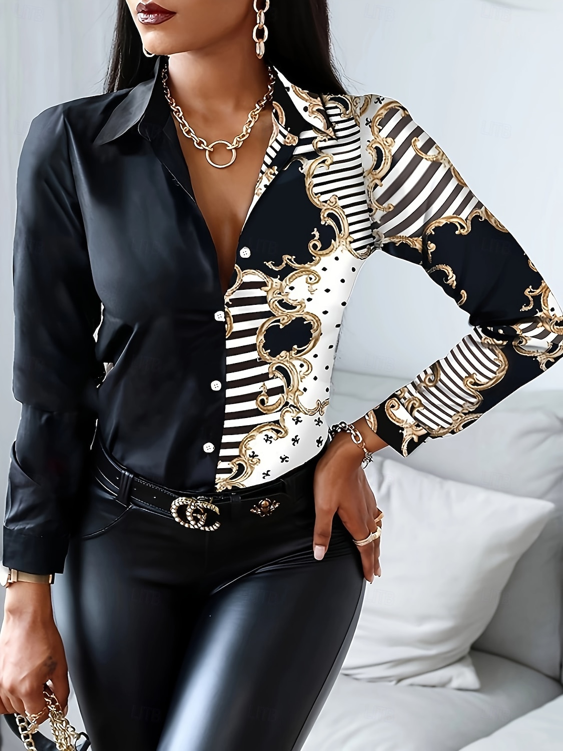 Women's Work Shirt Graphic Leopard Elegant Stylish Casual Long Sleeve Shirt Collar Regular Tops Daily Work Party Evening Wear Black White Red Gold Summer Fall Winter Spring, Fall, Winter, Summer 2026 - $41.99 –P5