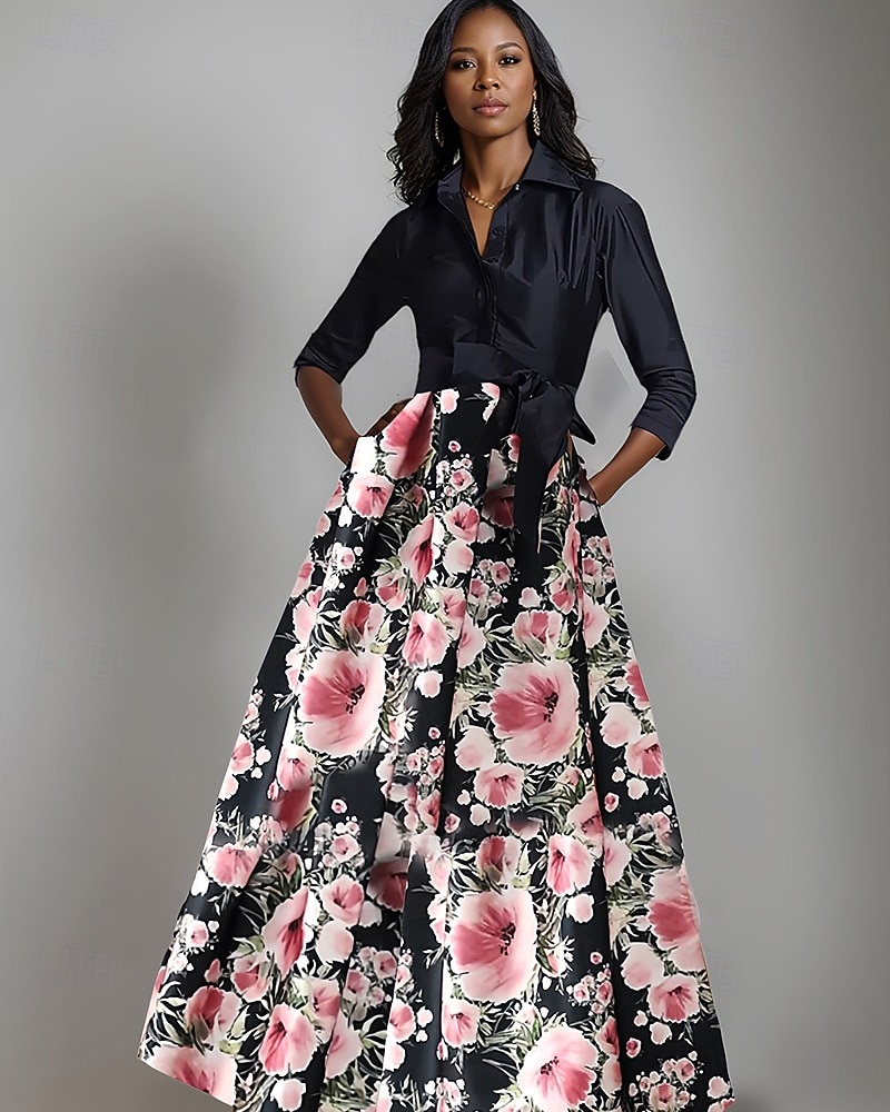 Abito madre della sposa A-Line abito elegante a righe floreali abito a camicia elegante con fiocco pieghe lungo fino al pavimento colletto a camicia in satin maniche 3/4 con bottoni primavera estate del 2025 a $204.99 –P1
