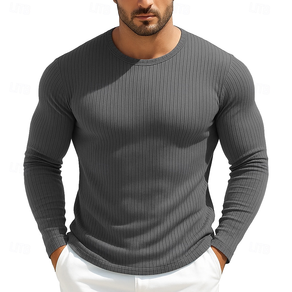 Men's T Shirt Ribbed Knit tee Tee Top Long Sleeve Shirt Long Sleeve Crew Neck Spring Fall All Seasons Plain Textured Pit Strip Fashion Designer Basic Knitting Casual Vacation Street Purple Top Tee 2026 - $20.99 –P6