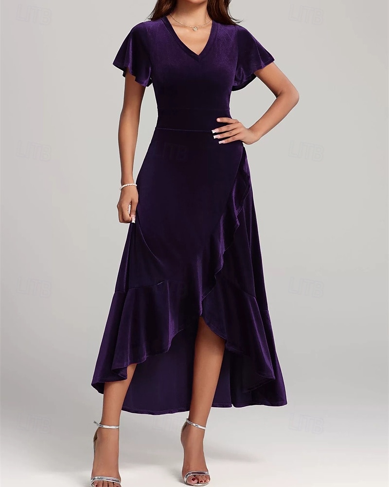 Women's Midi Dress Christmas Dress Velvet Dress Cocktail Dress Elegant Fashion Modern Daily Outdoor Evening Party Regular Fit Plain Short Sleeve V Neck Black Red Purple Spring Autumn 2026 - $34.99 –P4