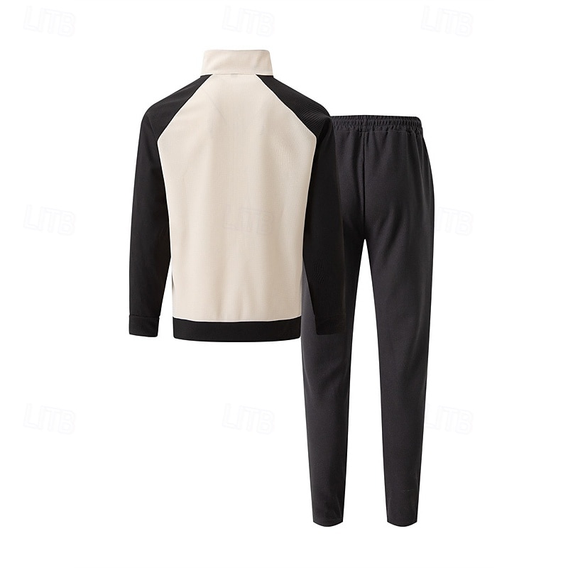 Men's Sweatshirt Tracksuit Outfit Set Stand Collar Outdoor Daily Sports Drawstring Zip Up Pocket Color Block White Brown Khaki Polyester Activewear Fashion Streetwear Spring 2025 - $36.99 –P6