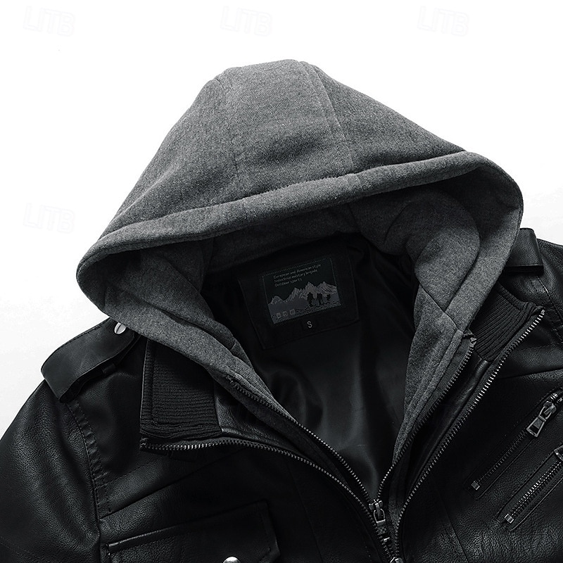 Herr Imitationsläderjacka Bikerjacka Motorcykeljacka Semester Dagligen Vindtät Håller värmen Ficka Höst Vinter Slät Mode Klassisk Huva Normal Svart Kaffe Jacka 2025 - $54.99 –P6