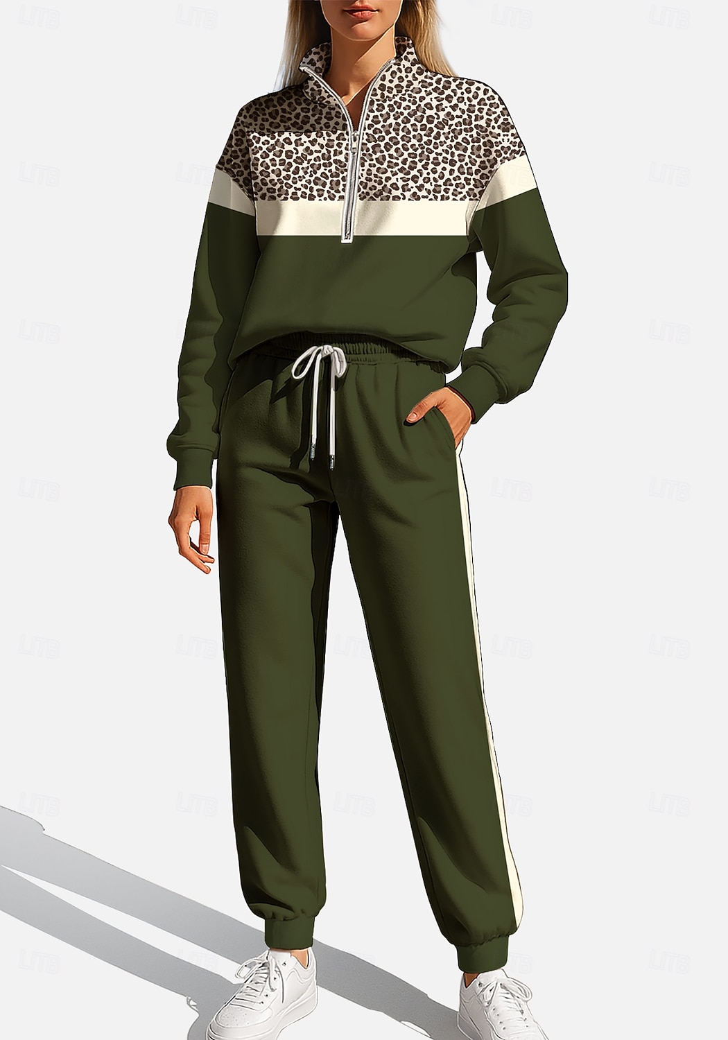 عيد الميلاد المجيد نسائي كنزة بدلة رياضية بذلة رياضة رباط سحاب جلد نمر سترة وبنطلون رياضي مجموعة ملابس رياضية الربيع أخضر غامق غير رسمي اكتشف - حل الخارج ناعم فضفاض كم طويل رياضة ألبسة رياضية 2025 - $37.99 –P1