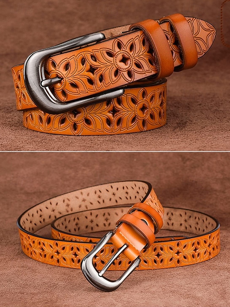 Ceinture en cuir véritable pour femme – motif floral vintage sculpté avec boucle en métal, accessoire de taille rétro pour jeans, robes et tenues décontractées de 2025 ? $14.99 –P4