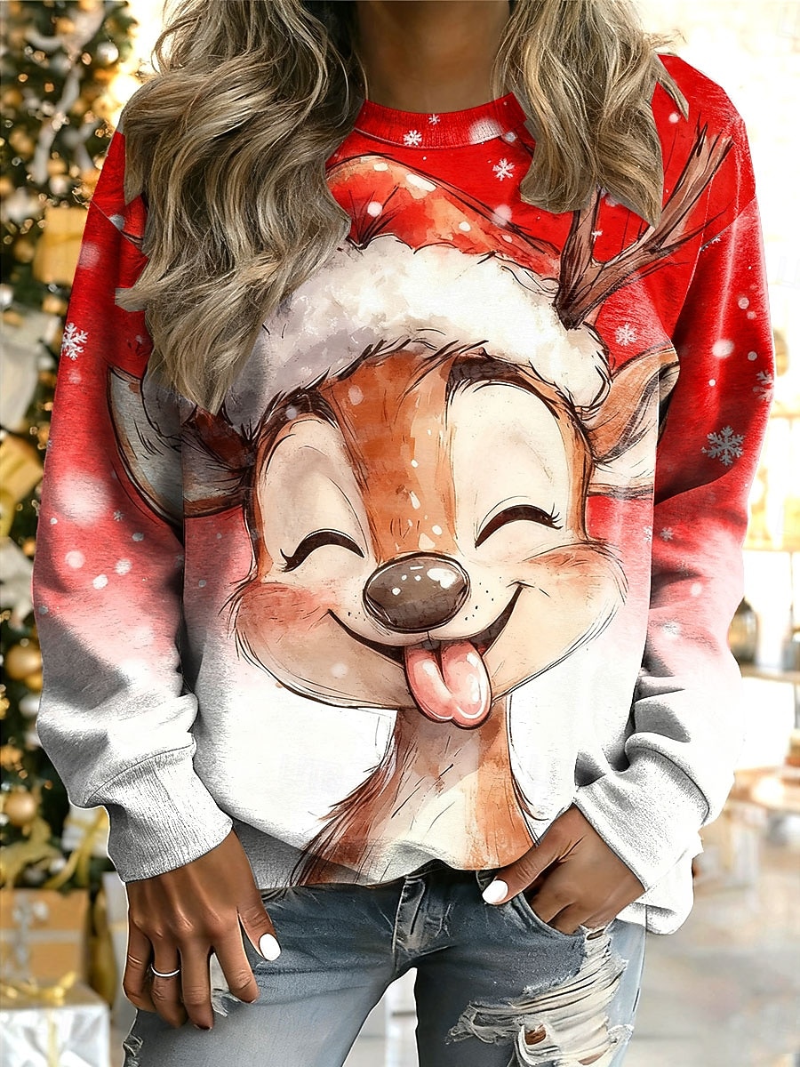 Dame Pullover Grafisk Reinsdyr Stygg jul Varm Klassisk Fritid Langermet Crew-hals Vanlige topper Hjem Gate Hverdag Trykt mønster Rosa Rød Blå Grønn Høst Vinter 2025 - $29.99 –P1