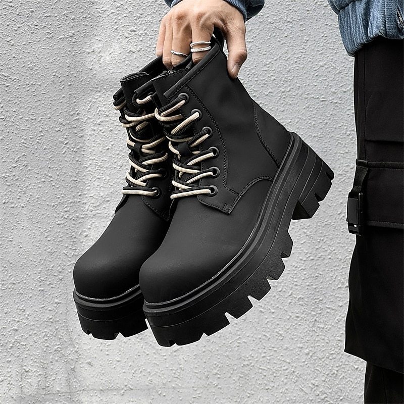 Homme Bottes Bottes de Travail Marche ancien Quotidien PU Augmentation de la hauteur Confortable Bottes Mi-Mollet À lacets Noir Automne Hiver de 2026 ? $79.99 –P2