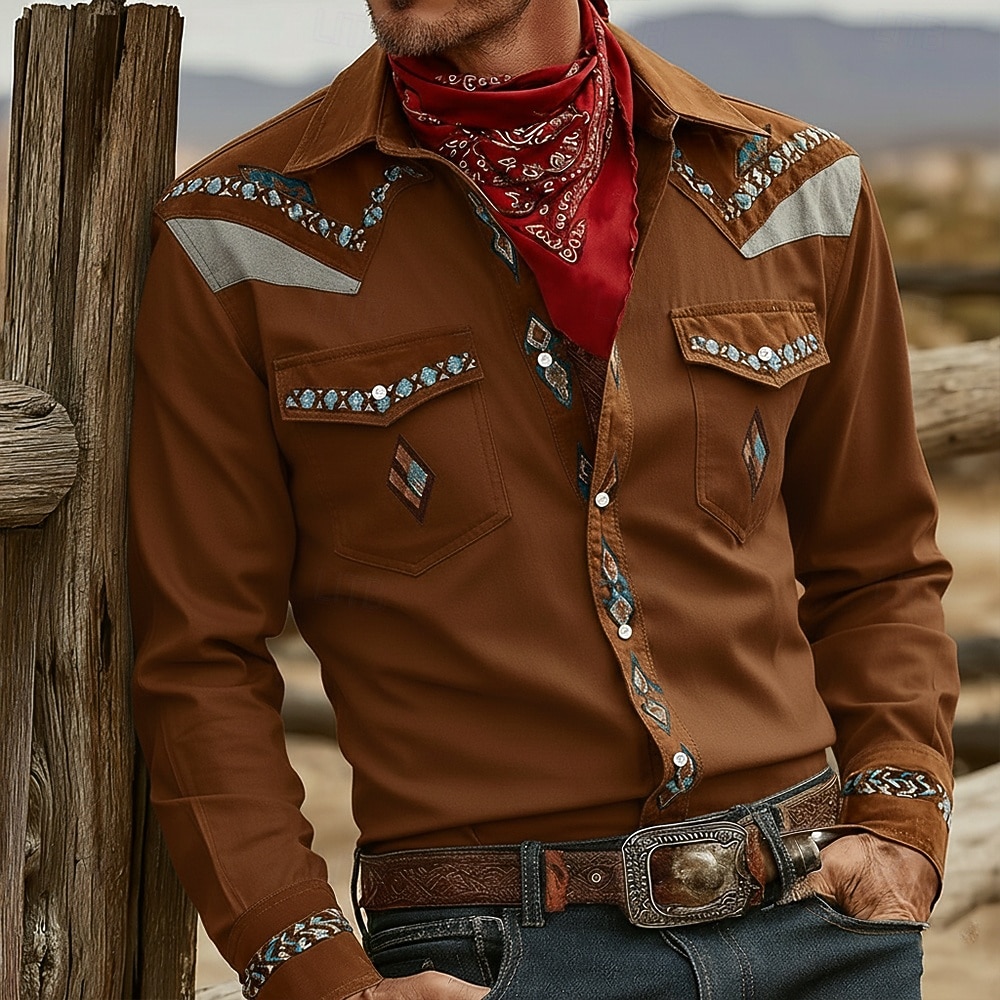 Férfi Paisley Virágminta Etno Ing Nyugati ing Cowboy ing Hosszú ujj Vintage Retro Szabadtéri Napi Munkaruha Ősz & tél Térfogatcsökkenés 3D nyomtatás Elöl két zseb Gombolható ingek Medence Barna 2025 - $25.99 –P3