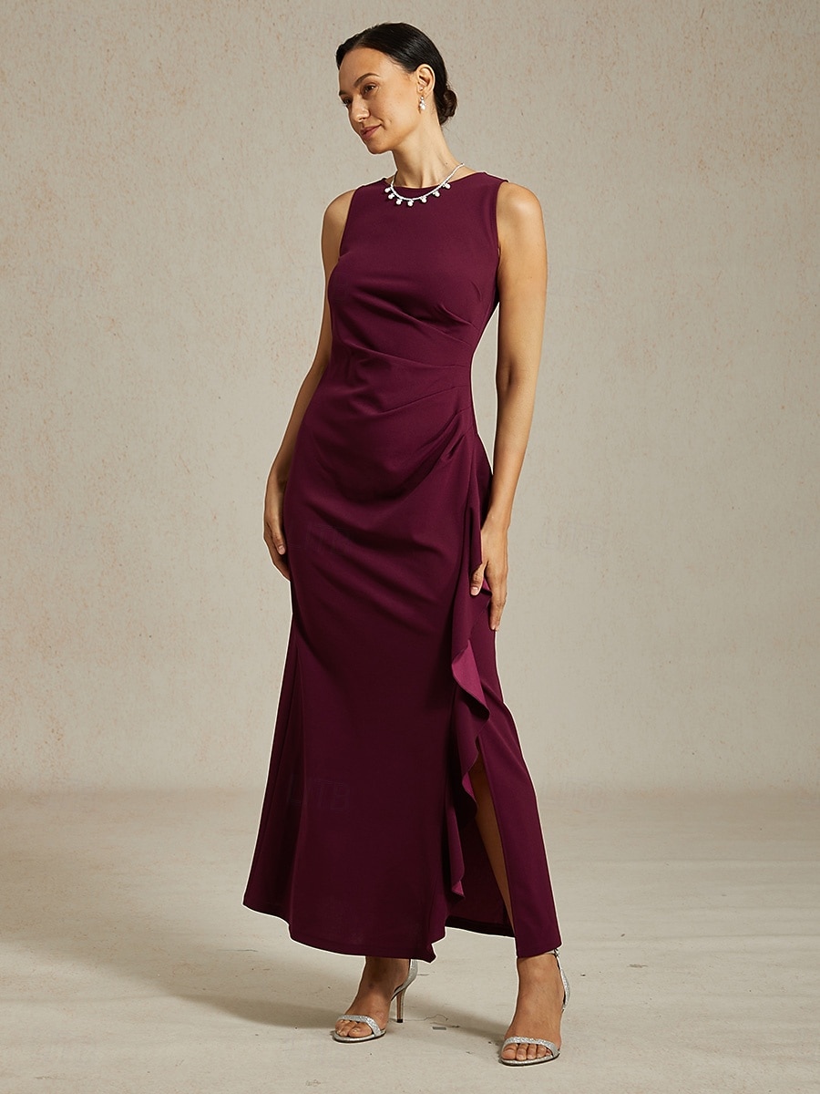 Dam Maxiklänning Sheath Dress Plisserad klänning Volangkjol Elegant party Semiformella klänningar Bröllopsgäst Kvällsfest Gradering Ensfärgat Ärmlös Rund hals Båthals Vinröd Sommar Vår Höst 2025 - $99.99 –P5