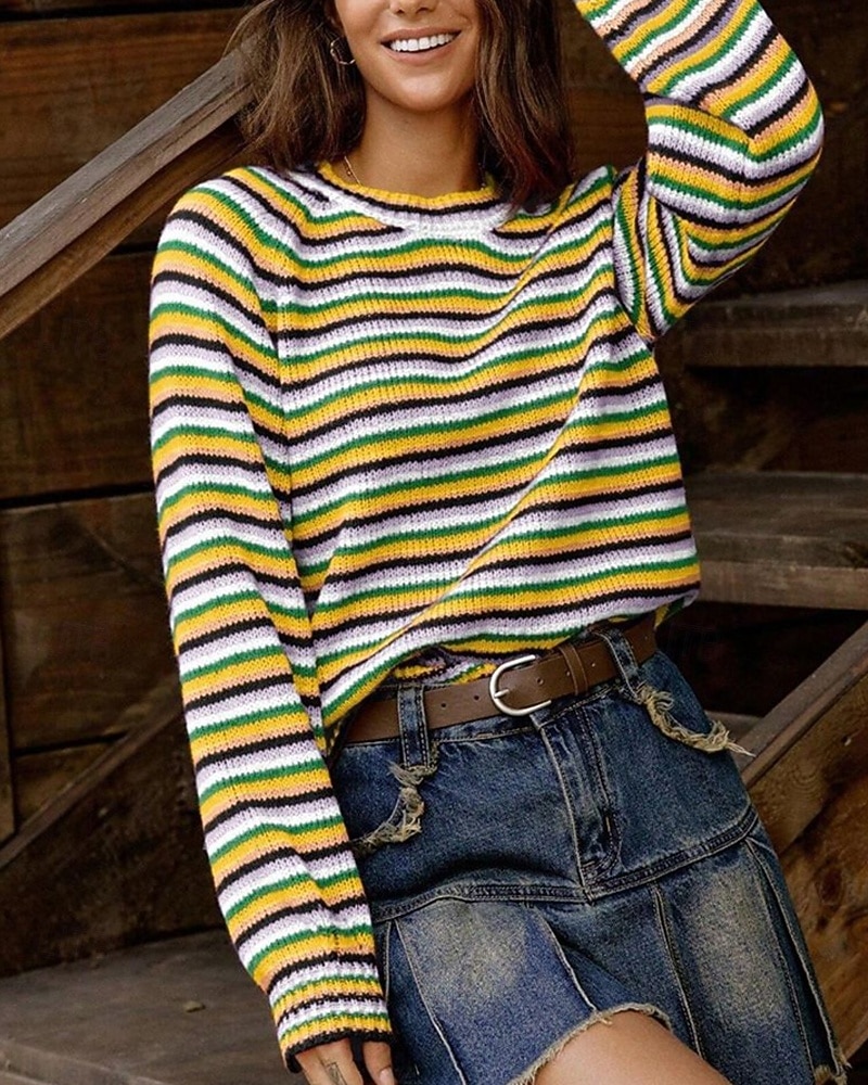 Femmes Pull Mode Occasionnel Rayé Côtelé Col ras du cou Tricoté manche longue Hauts Réguliers Tricoter Extérieur Quotidien Week-end Jaune Automne Hiver de 2025 ? $28.99 –P5