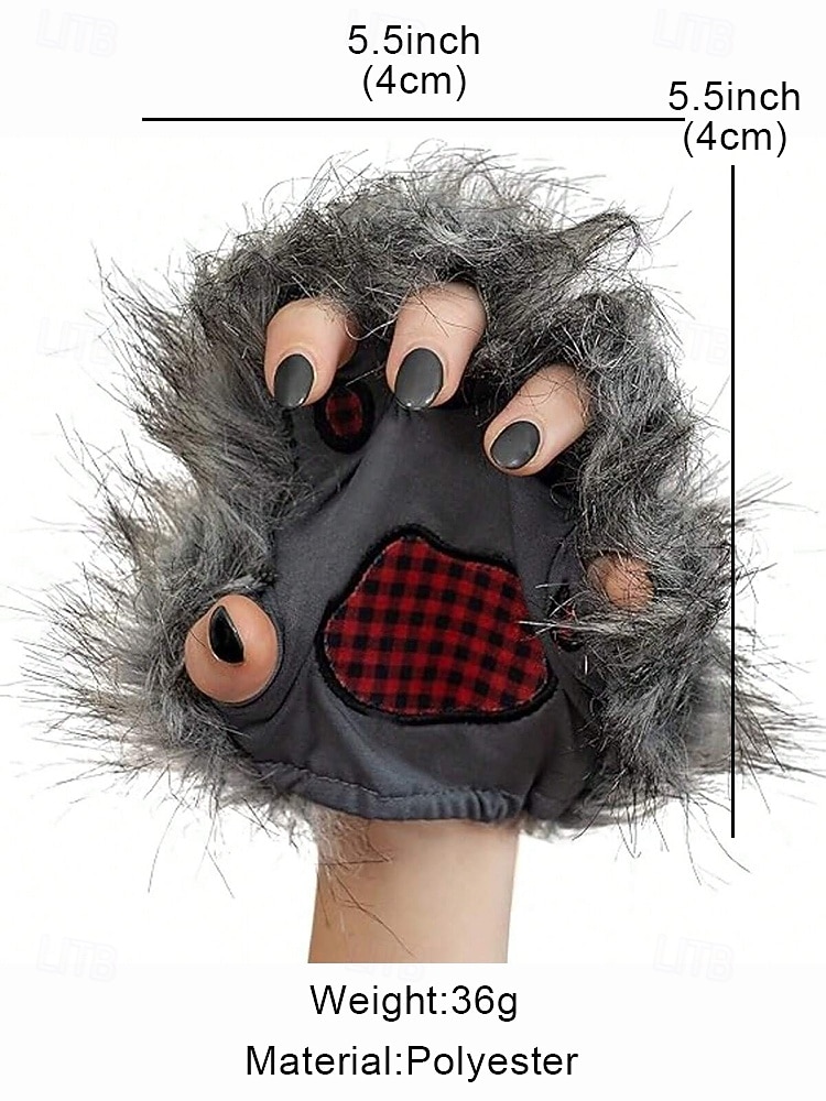 Женские пушистые перчатки в виде лапы оборотня – аксессуары для косплея на Хэллоуин, пушистые варежки в виде когтей монстра для вечеринок и нарядов 2026 - $11.99 –P7