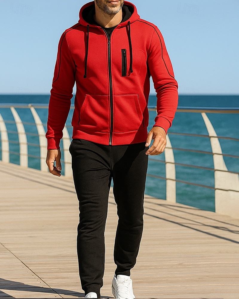 Herr 2-delad träningsoverall Lounge-hoodie Träningsset Snörning Solid färg Träningsdräkter Höst Svart Röd Utomhus Resor Sport Fuktabsorberande Långärmad Sport Sportkläder Microelastisk Normal 2026 - $37.99 –P4