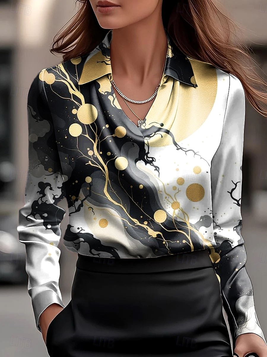 Mujer Camisa Frunce En Cortina Ombre Graphic Geométrico Elegante Básico Casual Manga Larga Cuello vuelto holgado Tops regulares Diario Trabajo Ropa de fiesta de noche En blanco y negro Negro y gris 2026 - $32.99 –P2