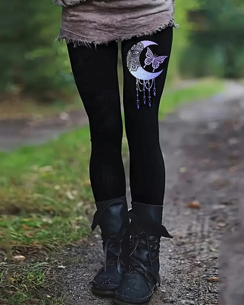 2026年 女性用 バイキング チノパン レギンス 心地よいレギンス 旅行度假风 ベーシック カジュアル 全長 ハイウエスト バタフライ MOON プリント 保温 快適 伸縮性あり カジュアル 日常 ストリート ブラック 秋 冬 スリムフィット  コレクション – $21.99 –P1