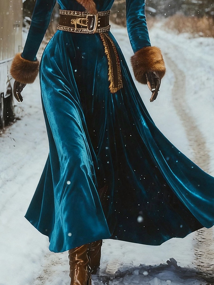 Damen Maxikleid A Linie Kleid Lässig Täglich Normale Passform Einfach Ethnisch Langarm V Ausschnitt Blau Herbst Winter 2025 - $46.99 –P3