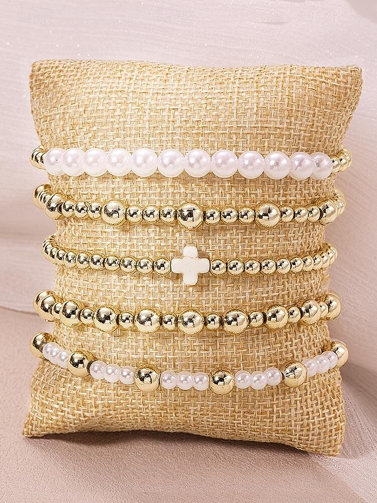 Women's Pearl and Gold Bead Bracelet Set – 6Pcs Stretch Layered Beaded Bangles, Elegant Fashion Jewelry for Parties, Weddings & Daily Wear 2026 - $7.99 –P3