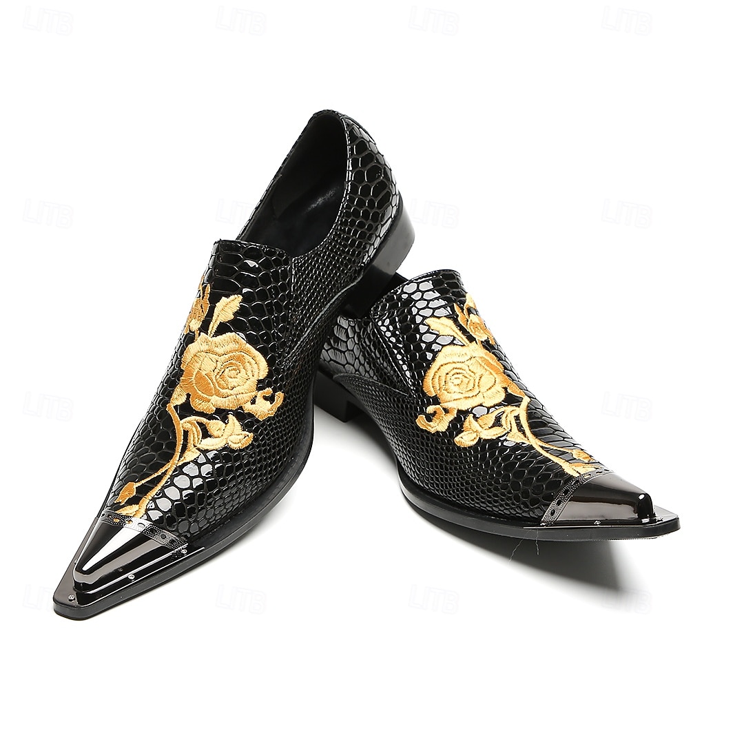 Pantofi eleganți bărbătești din piele naturală de vacă, cu model de crocodil negru și broderie aurie – mocasini formali de lux pentru afaceri, nunți și banchete 2026 - $119.99 –P8