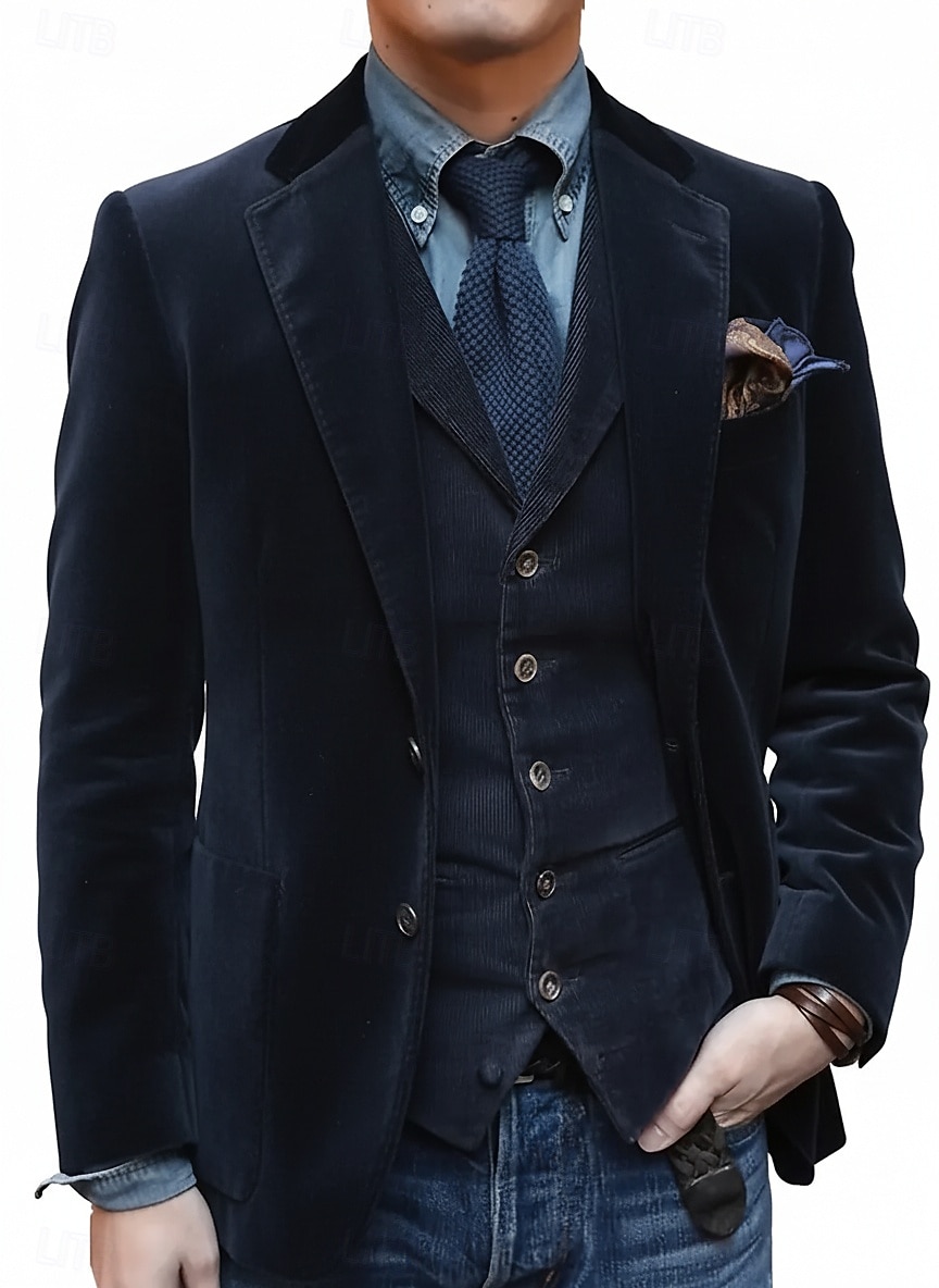 2026年 メンズベルベットブレザージャケット ノッチカラー クラシック 無地ブレザー ブラック ブラウン ダークブルー テーラードフィット シングルブレスト 2つボタン  コレクション – $72.99 –P3