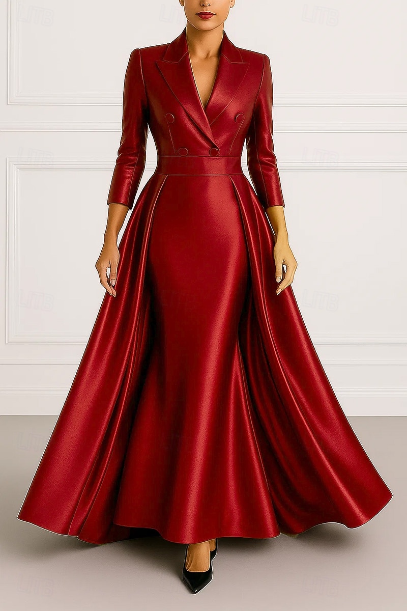 Szmoking ruha A-vonalú Magas-alacsony szárú ruha Előírásos Esküvő Esküvői vendég Sztreccs szatén Elegáns 3/4 ujjú rakott Földig érő Spicc gallér Dupla soros 2025 - $179.99 –P1