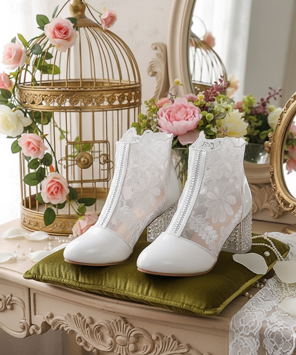 białe koronkowe botki damskie na przezroczystym obcasie słupkowym - idealne na wesela i imprezy okolicznościowe 2026 - $46.99 –P3