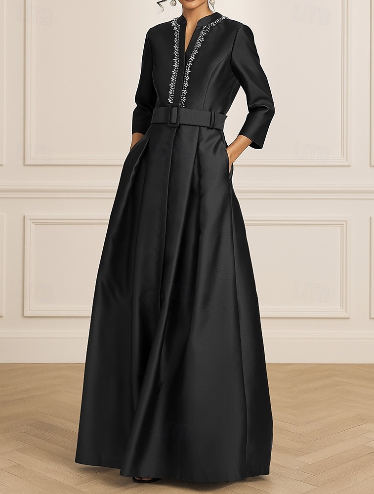 Black A-Line Evening Gown Elegant Formal Dress Formal Wedding Floor Length 3/4 Length Sleeve V Neck Stretch Satin with Crystals 2025 2025 - $164.99 –P1