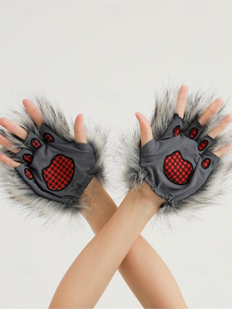 Женские пушистые перчатки в виде лапы оборотня – аксессуары для косплея на Хэллоуин, пушистые варежки в виде когтей монстра для вечеринок и нарядов 2026 - $11.99 –P5