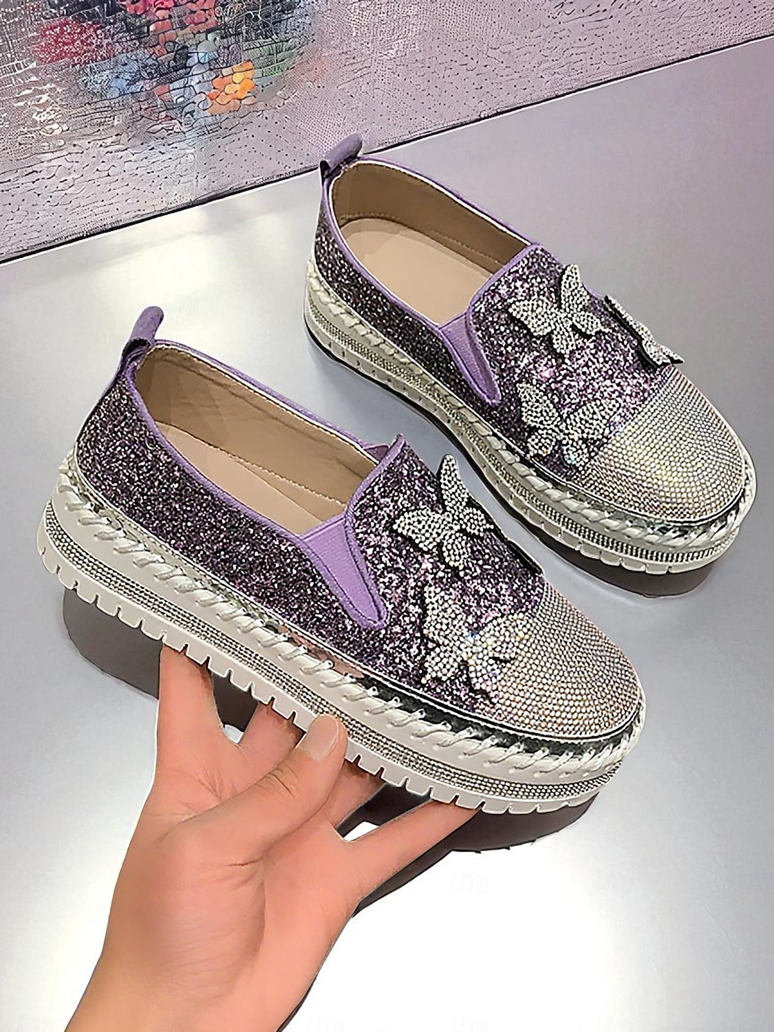 Sneakers slip-on da donna con plateau, glitter viola e design a farfalla in strass - scarpe alla moda per la vita notturna, le feste e le discoteche del 2025 a $32.99 –P3
