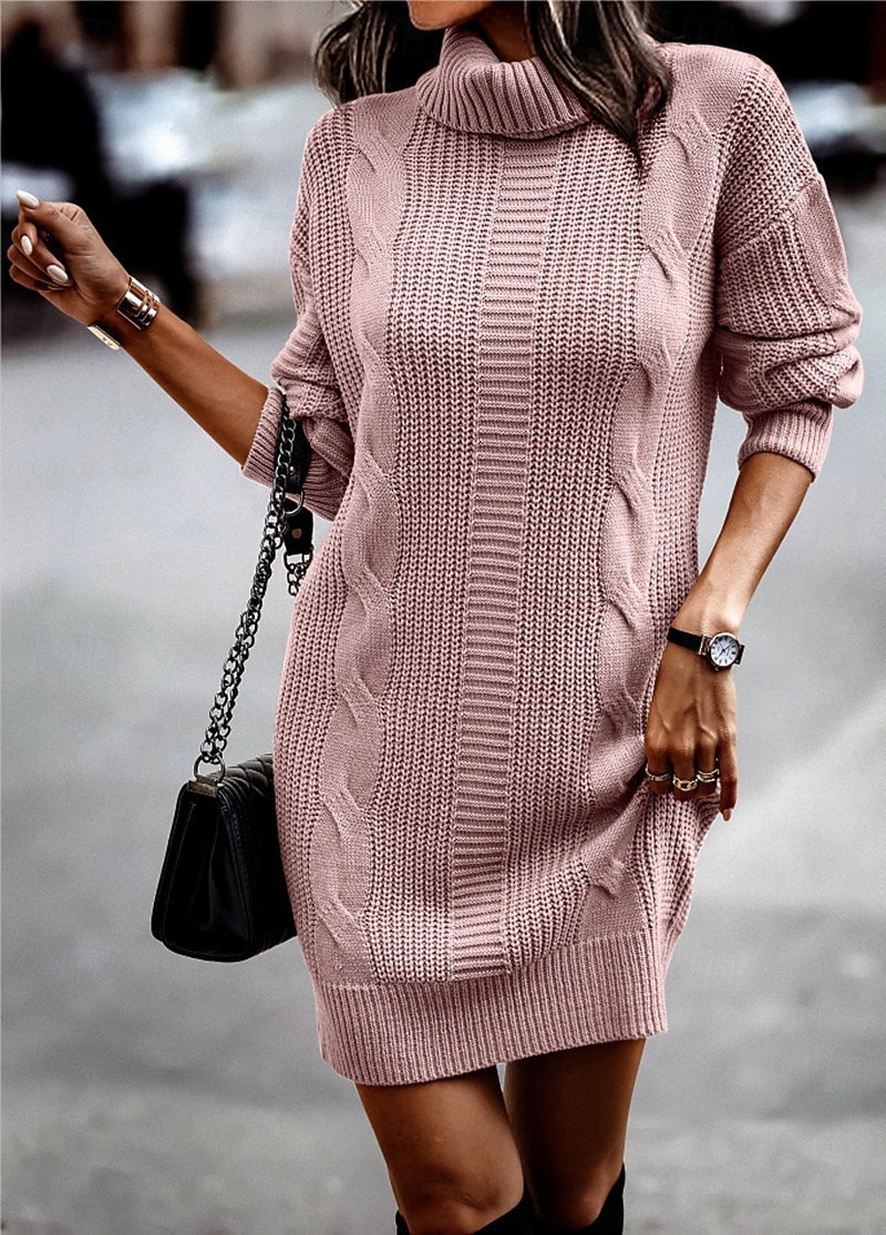 Women's Knee Length Dress Sweater Dress A Line Dress Casual Holiday Regular  Fit Plain Long Sleeve Turtleneck Black Pink Blue Green Fall Winter 2026 -  $37.99