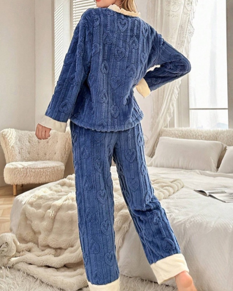 Mujer Pijamas Ropa de salón Conjunto pijama 2 Piezas Confort Suave Retazos Cintura elástica Botones Pantalón Hogar Diario Cama Manga Larga Escote en Pico Azul Oscuro Otoño Invierno 2025 - $31.99 –P5