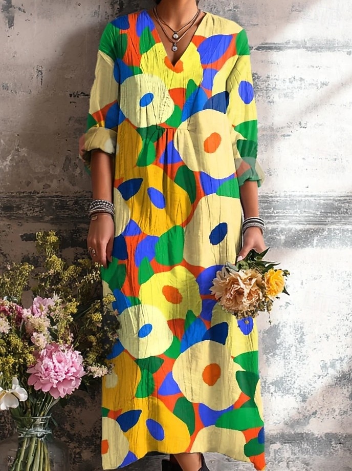 Ostern Damen Midikleid Sommerkleid A Linie Kleid Urlaub Lässig Boho Ausgehen Strand Lässiger Schnitt Blumen Grafik Geometrisch Langarm V Ausschnitt Gelb Rosa Orange Grün Sommer Frühling Herbst Winter 2025 - $35.99 –P3