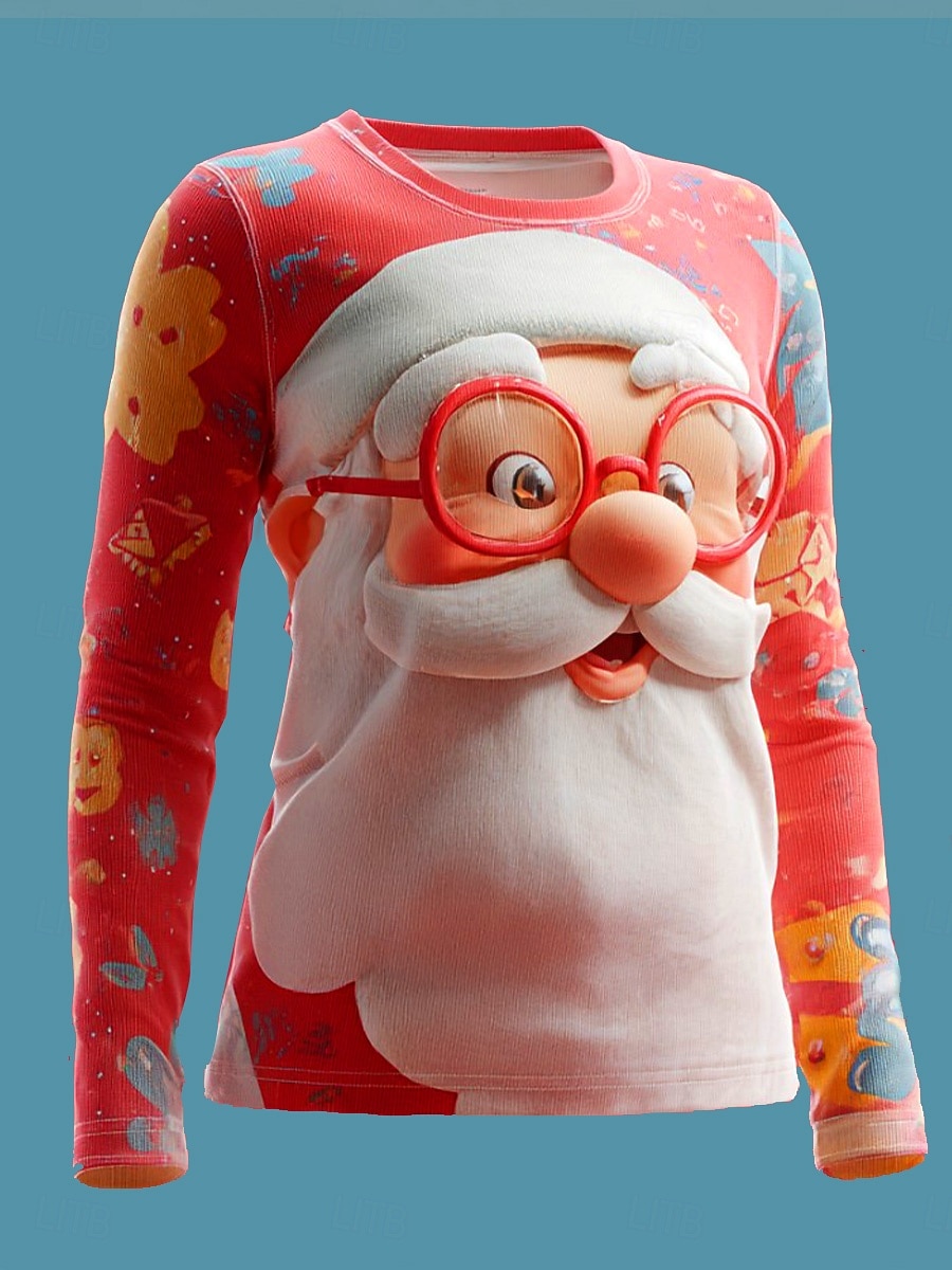 Noël Femmes T-shirt Père Noël Motif de flocon de neige ancien Élégant Classique manche longue Col ras du cou Col rond Hauts Réguliers Week-end Imprimé Rouge Bleu Vert Hiver de 2025 ? $26.99 –P2