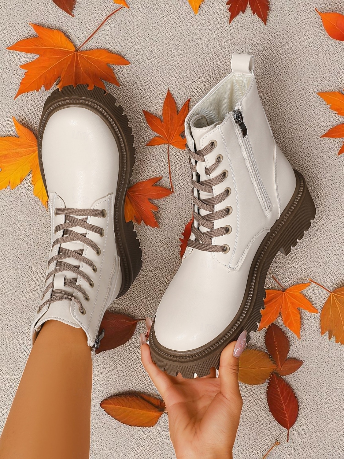 Женские белые ботинки из искусственной кожи на шнуровке с боковой молнией и массивной подошвой — стильные армейские ботинки для кей-попа, уличной моды и повседневных образов. 2026 - $34.99 –P2
