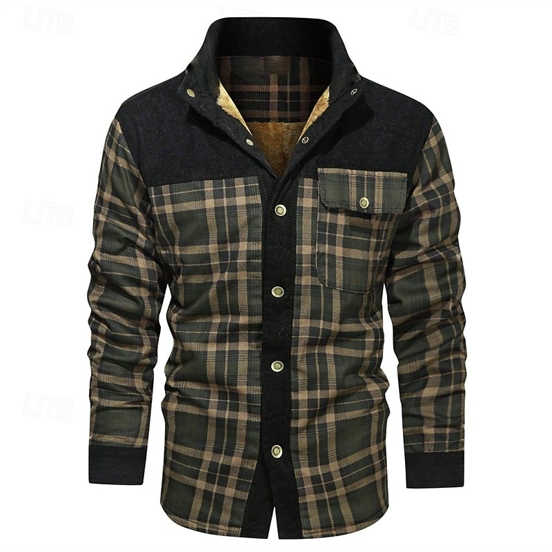 Homens Casaco puffer Jaqueta de Camisa Casaco de lã Jaqueta casual Férias Diário Térmico / Quente Bolsos Tosão Outono Inverno Xadrez Moda Roupa de rua Colarinho Chinês Padrão Preto Vermelho Verde de 2025 por $62.99 –P4