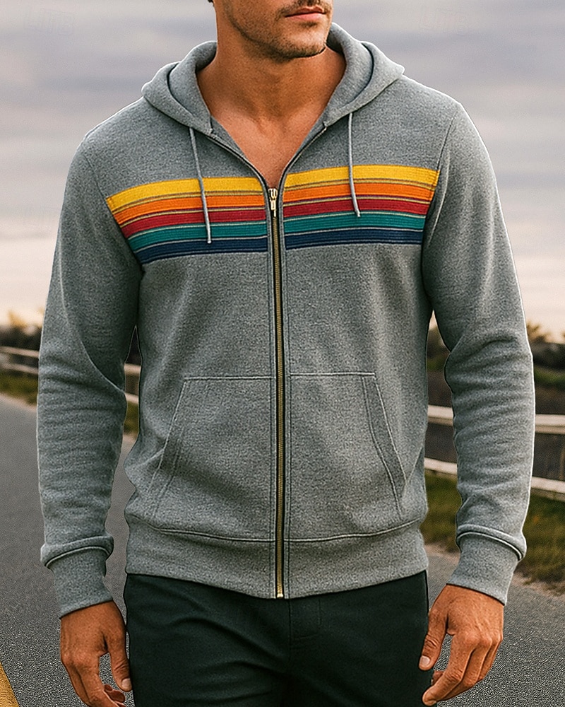 Homens Riscas Moletom com capuz Moletom com zíper Outono/Inverno Com Cordão Manga Longa Roupa Esportiva Quente Da Moda Equitação Corrida Viagem Férias Ioga Preto Branco Azul Roupa de esporte Roupas de 2026 por $26.99 –P1