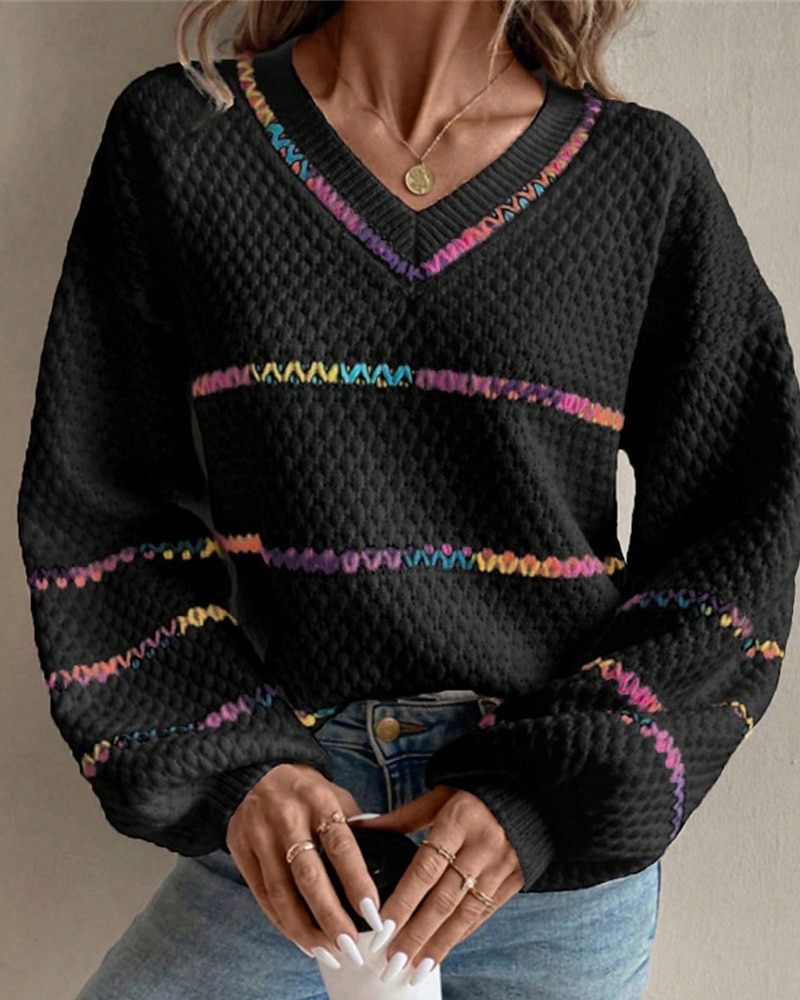 Dámské Svetr Rolák Denní stylové Na běžné nošení Proužky Rýhovaný Do V Pletený Dlouhý rukáv Běžné topy Plést Denní Dovolená Jdeme ven Černá Bílá Podzim Zima 2026 - $36.99 –P6