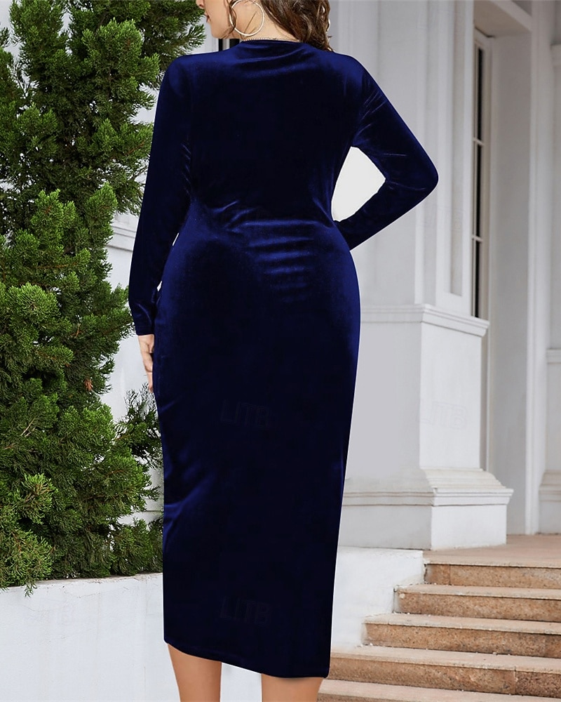 Pentru femei Rochii Midi Rochie de catifea Rochie de Cocktail Elegant Modă Modern Serată Dată Sfârșit de săptămână Fit regulat Simplu Manșon Lung În V Albastru piscină Primăvară Toamnă 2025 - $28.99 –P2
