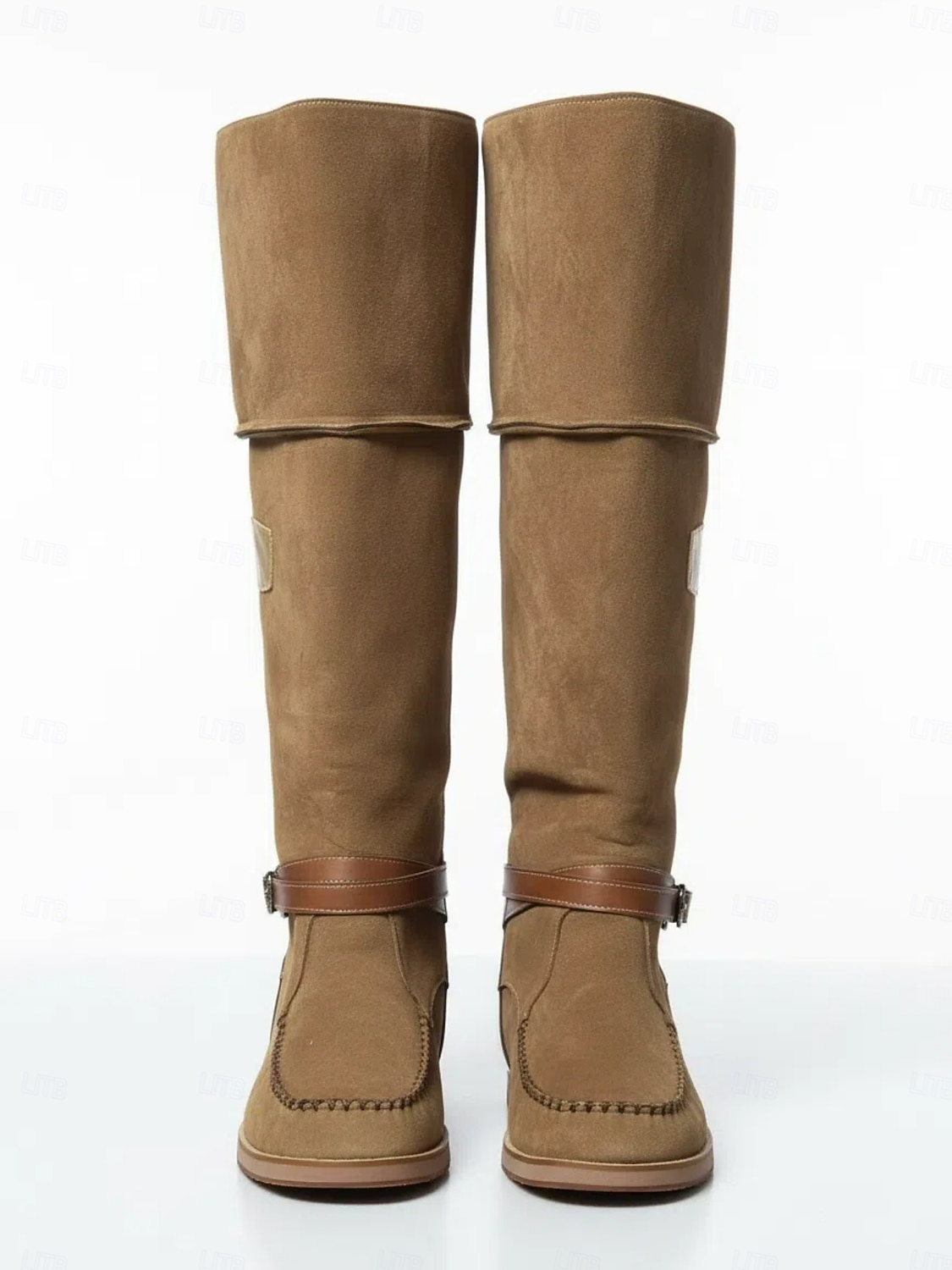 Kniehohe Stiefel aus Wildleder für Damen mit Keilabsatz und Schnallenriemen - Freizeitstiefel im Bohème-Stil in Jeansblau 2026 - $59.99 –P2