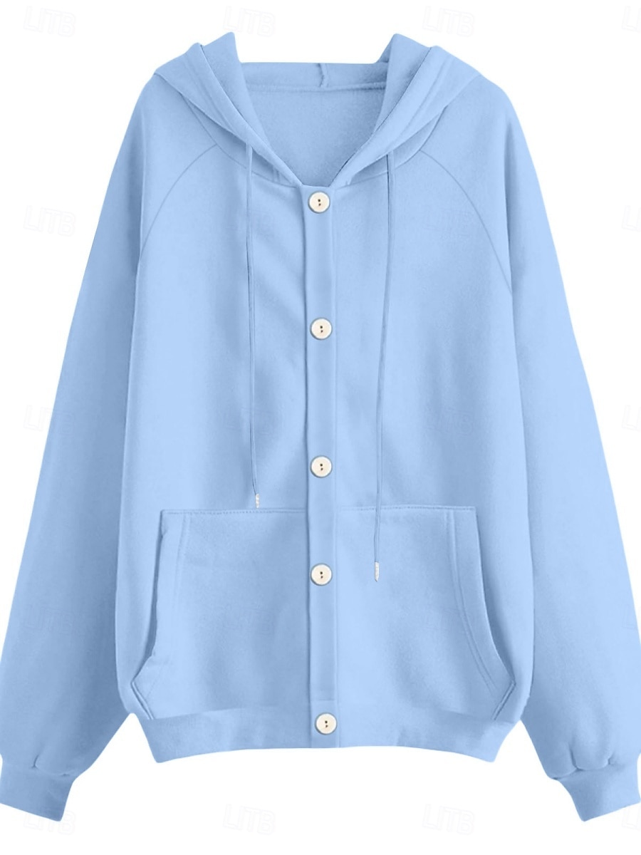 Mulheres Casaco com capuz Confortável Respirável Bolsos Botões Casual Tecido Férias Rua Casual Roupa Diária Não Trespassado Padrão Com Capuz Normal Manga Longa agasalhos Branco Amarelo Azul Primavera de 2026 por $28.99 –P3