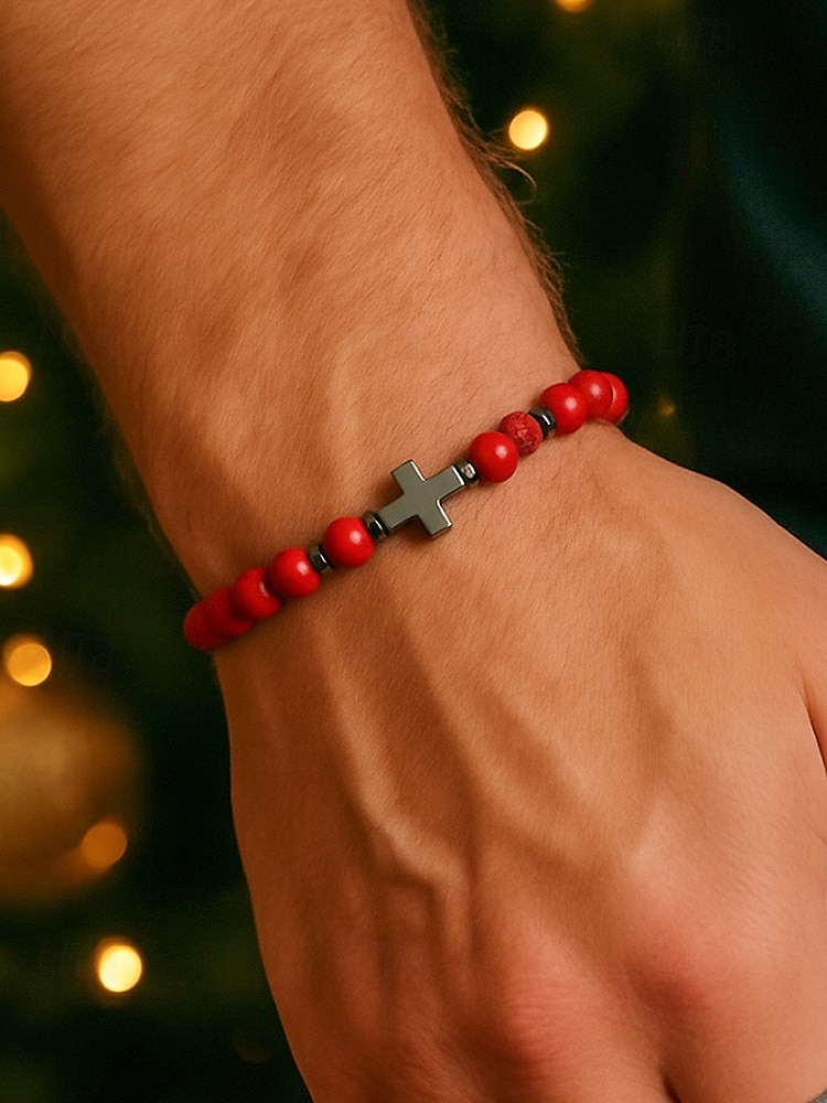 Men's Natural Stone Beaded Bracelet with Cross Charm, Adjustable Stretch Wristband, Spiritual Jewelry for Christmas Gift, Parties and Daily Wear 2026 - $9.99 –P1