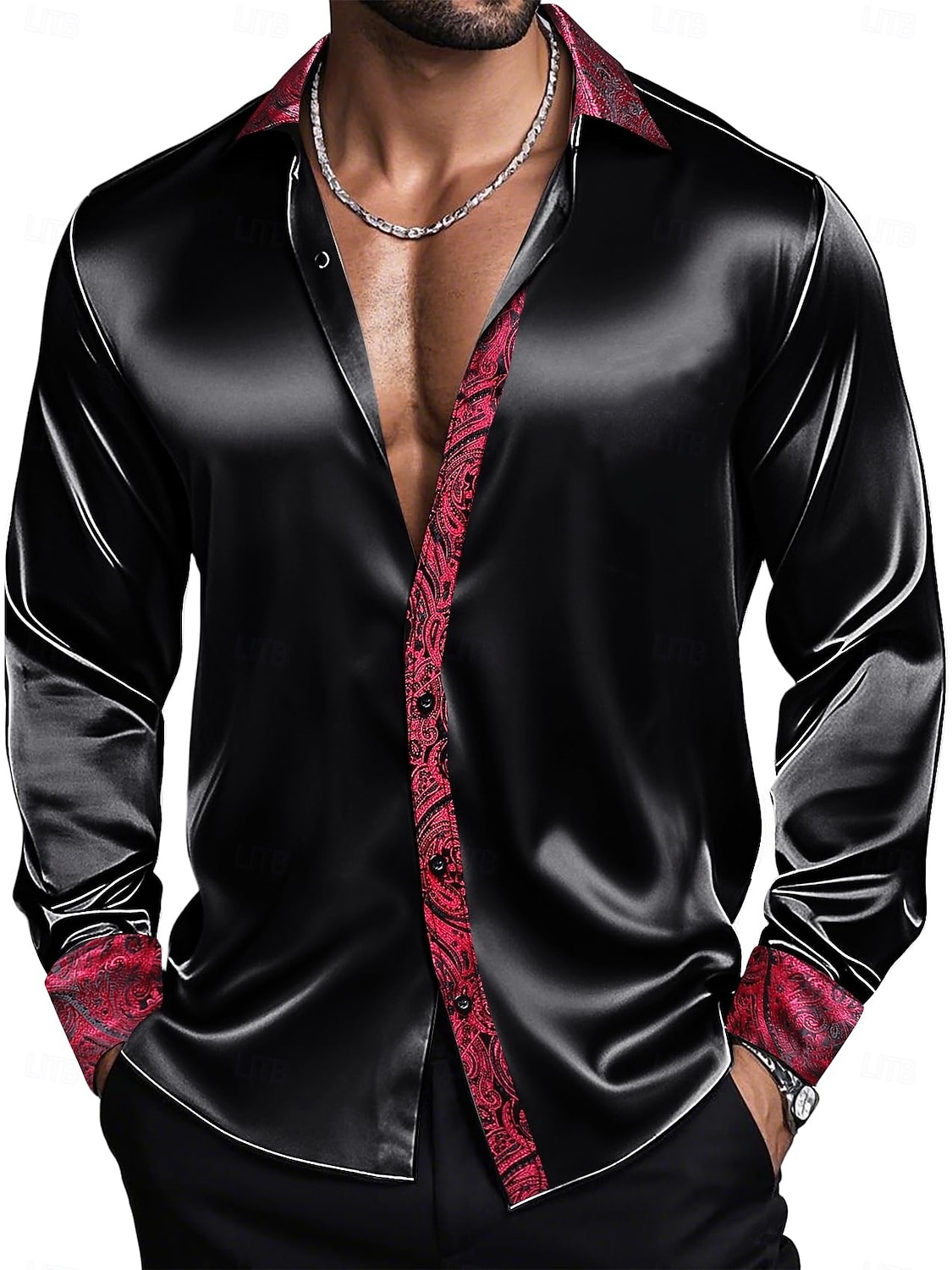 Herren Hemd Satinhemd Kleidhemd Freizeithemd Knopfhemd Abschlussballhemd Einfach Hochzeit Party Silber Rosa Rote Blau Langarm Revers Frühling Ganzjahres Bekleidung 2025 - $26.99 –P1