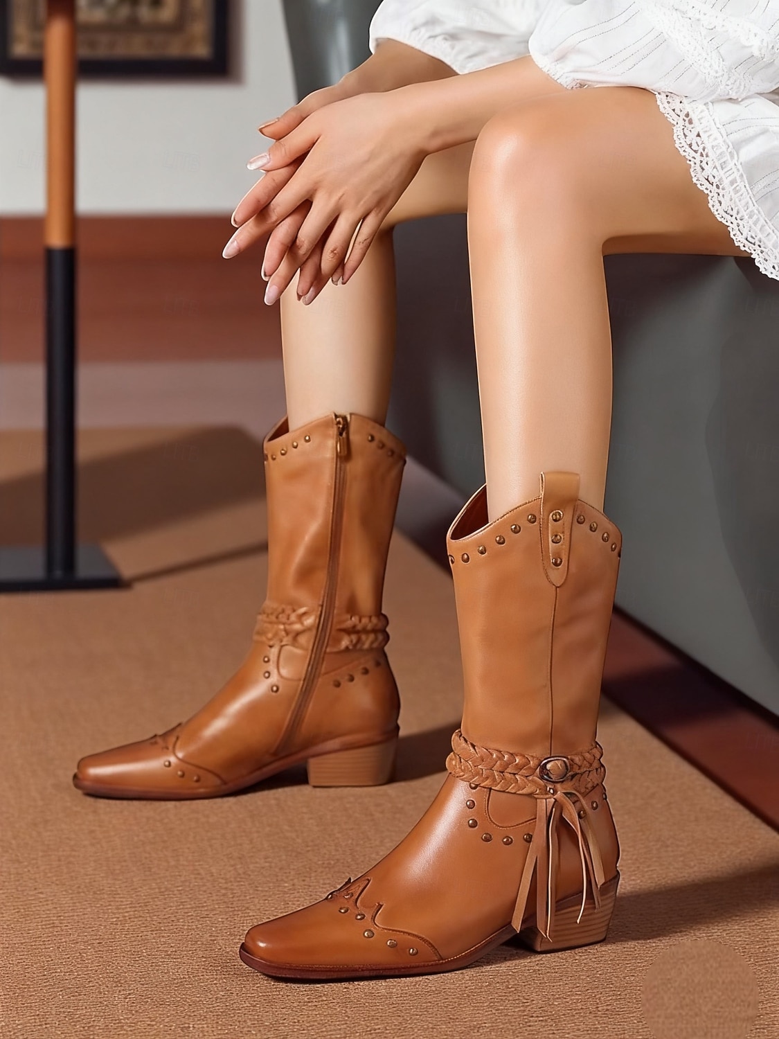 botas de cowboy femininas com tira trançada e detalhes de tachas, calçados estilosos para passeios casuais e eventos com tema western de 2025 por $42.99 –P3