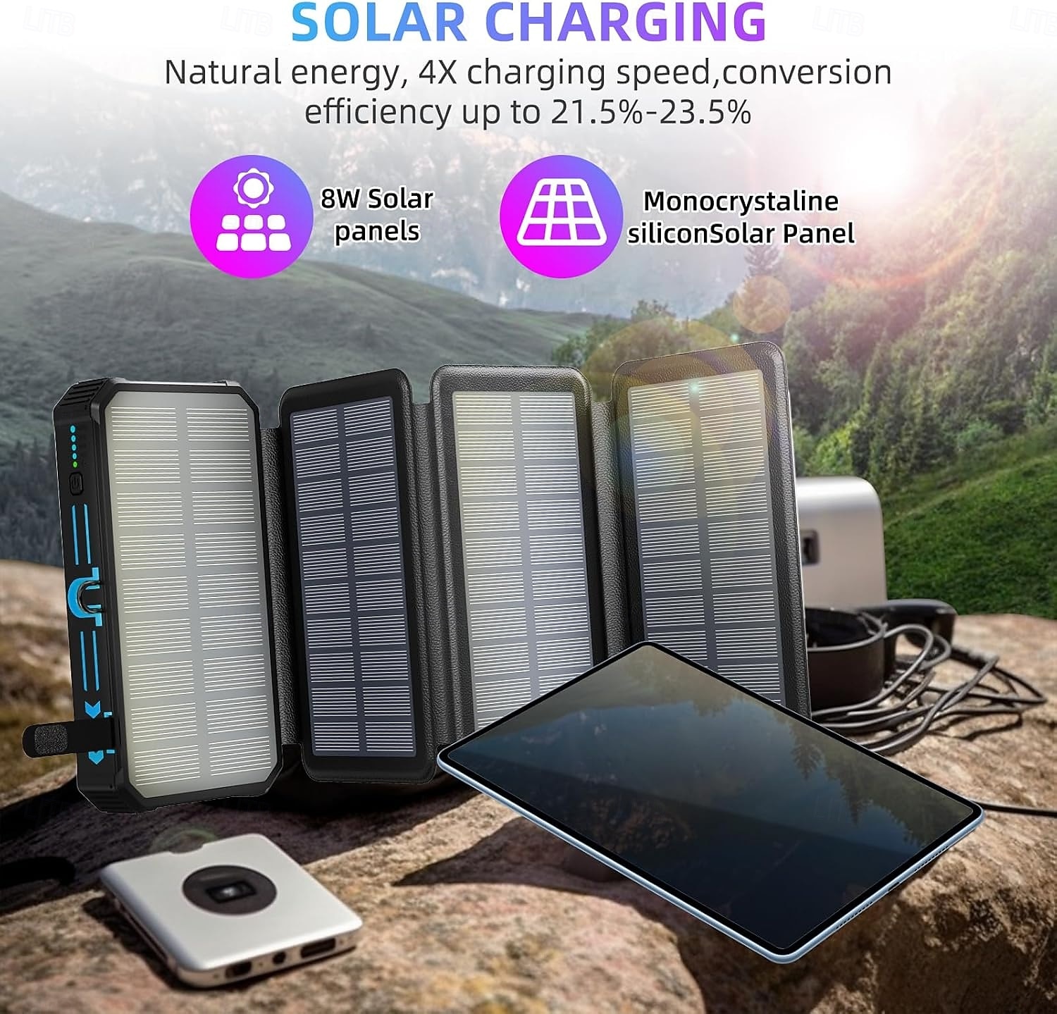 Солнечное зарядное устройство Power Bank-20000 мАч, беспроводное портативное зарядное устройство со встроенными 4 кабелями и 4 солнечными панелями, быстрая зарядка PD QC, аккумулятор USB C с фонариком 2025 - $63.99 –P3