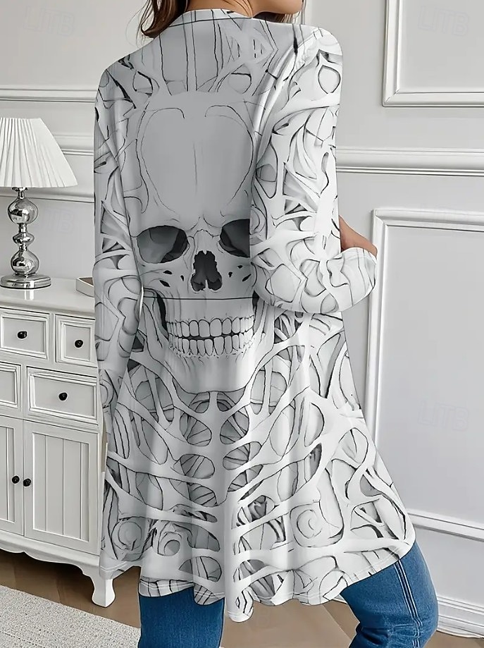 Women's Coat Lightweight Comfortable Skulls Print Vintage Artistic Casual Skull Casual Long Collarless Regular Fit Long Sleeve Outerwear Black White Brown Spring Fall 2026 - $28.99 –P3