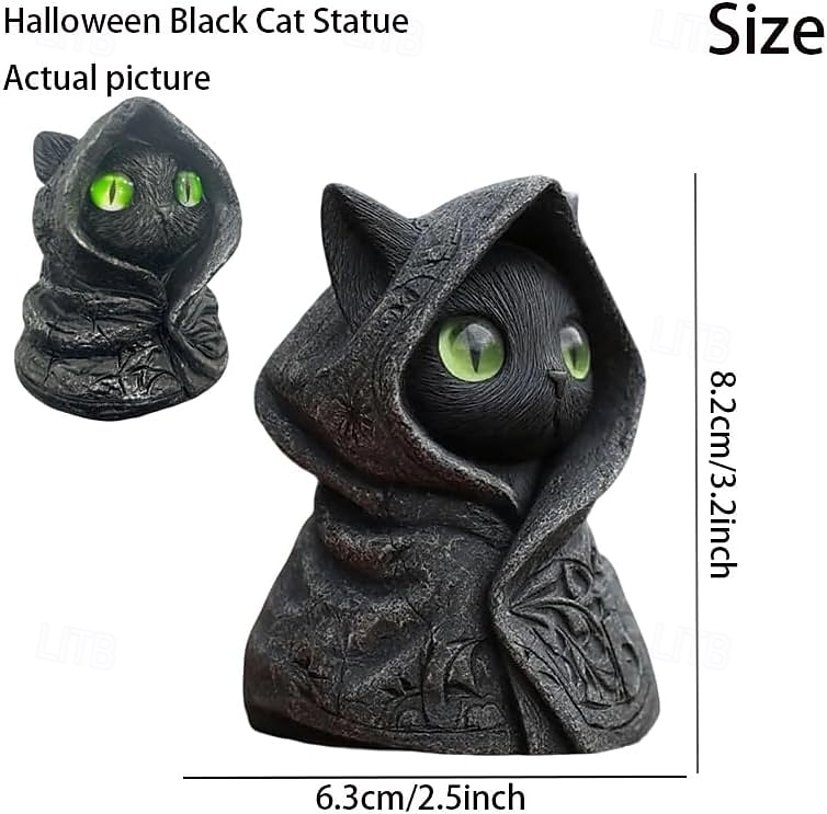 2025年 ハロウィーンの帽子をかぶった黒猫の像。神秘的なフード付きの猫の置物。光る目を持つファンタジーな神秘的な彫刻。猫好きの方へのユニークな贈り物。 &ゴシック様式のインテリア  コレクション – $12.99 –P6