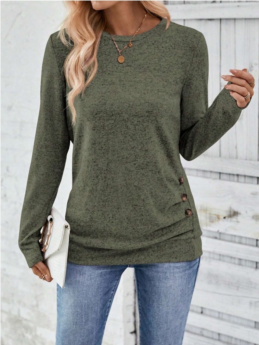 Dame Bluse Helfarge Tropisk Stilfull Fritid Langermet Crew-hals Vanlige topper Daglig Knapper Rosa Himmelblå Grønn Grå Sommer Vår Høst 2025 - $23.99 –P19