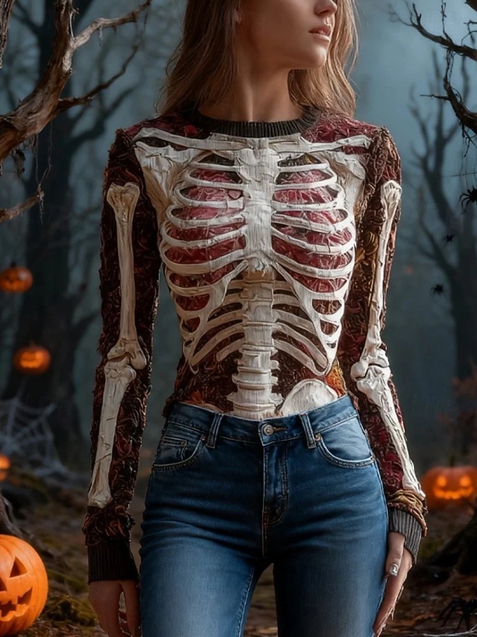 Kvinners Genser Søtt Gateklær Løs Grafisk Skjelett Rund U-hals Patchwork Strikket Lang Erm Vanlige Topp Strikk Svart Rød Høst Vinter 2025 - $29.99 –P7