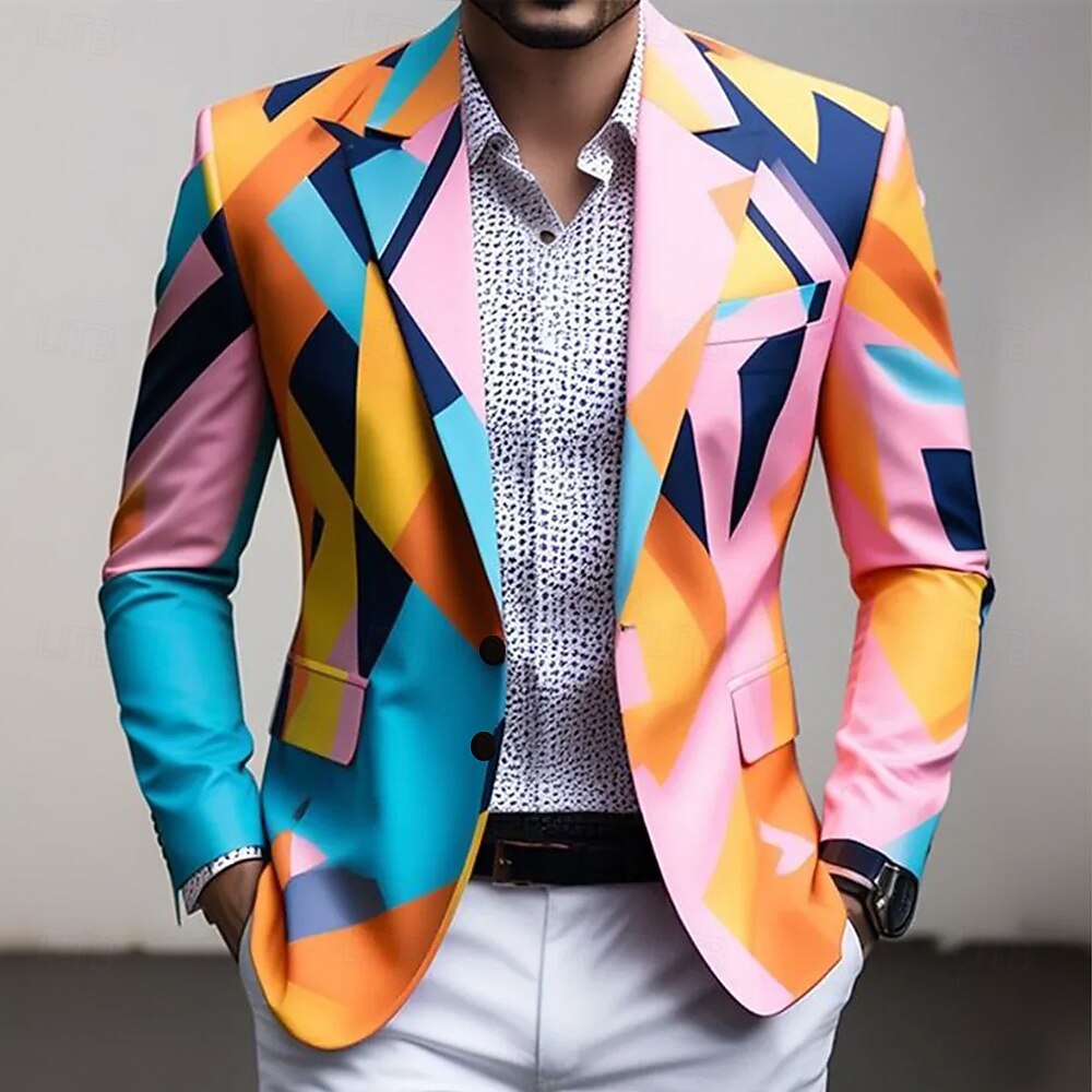 Voor heren Blazer Jas Casual Casual / Dagelijks Modern Herfst winter 100% Polyester Kleurenblok Abstract 3D-afdrukken Knop Thermisch Warm Comfortabel Enkele rij knopen Blazer Blozend Roze 2026 - $85.99 –P2