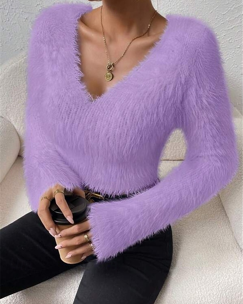 Femmes Pull Mode Occasionnel Couleur Unie Côtelé Col en V Tricoté manche longue Hauts Réguliers Tricoter Extérieur Quotidien Week-end Noir Blanche Automne Hiver de 2025 ? $27.99 –P9