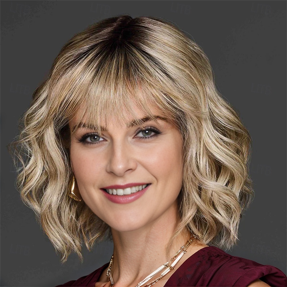 Perruque courte blonde pour femme avec frange, cheveux synthétiques réalistes et naturels, coupe ondulée résistante à la chaleur, racines foncées, élégante, à porter au quotidien de 2025 ? $21.99 –P4