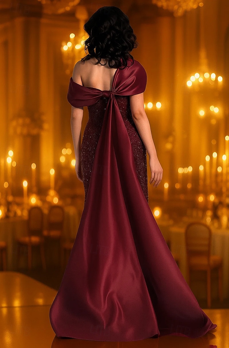 Ίσια Γραμμή Ουρά Μακρύ Φορέματα χορού Βραδινά φορέματα Τουαλέτα Επίσημο ένδυμα Κομψό Λαμπερή Στυλ Διασήμων Αμάνικο Ώμοι Έξω Πάρτυ στον κήπο Γάμου Ελαστικό Σατέν με Πιασίματα Χάντρες 2026 - $195.99 –P2